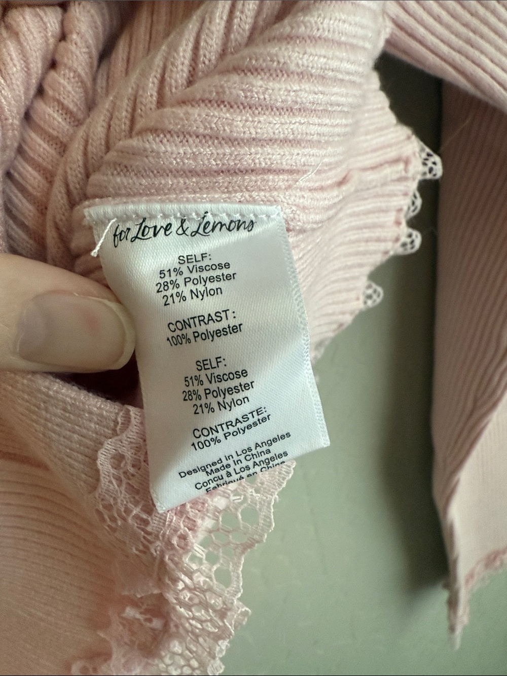 For Love & Lemons Nina Cardigan in Light Pink Ribbed Button with Lace Trim - Picture 9 of 9
